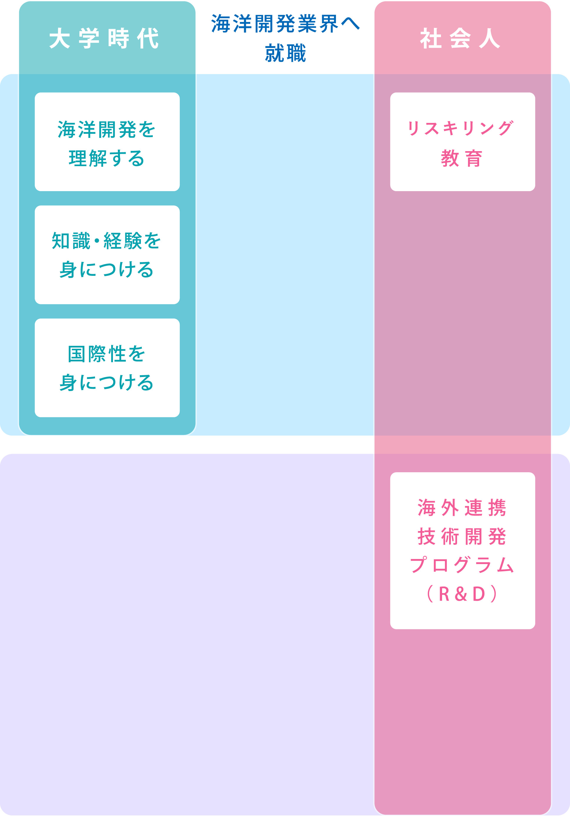 海洋開発業界へ就職　大学時代　海洋開発を理解する　知識・経験を身につける　国際性を身につける　社会人　リスキリング教育　海外連携技術開発プログラム（R&D）