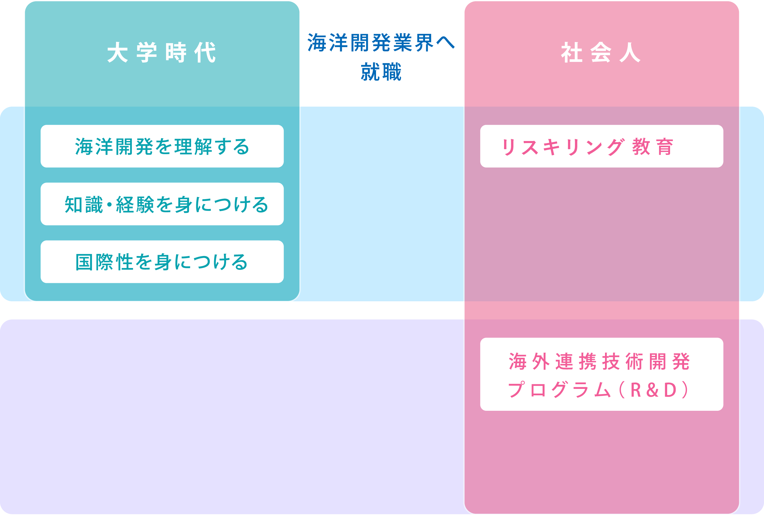 海洋開発業界へ就職　大学時代　海洋開発を理解する知識・経験を身につける国際性を身につける　社会人　リスキリング教育海外連携技術開発プログラム（R&D）